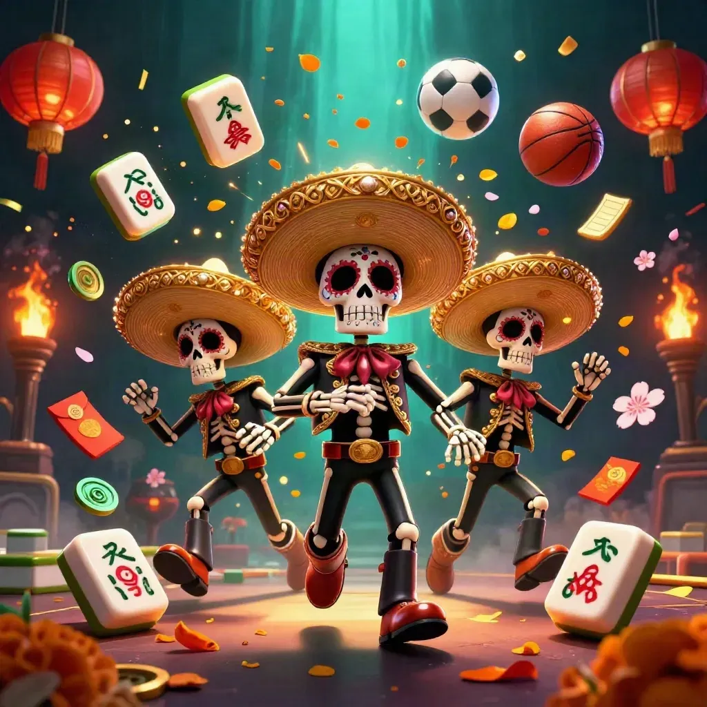 Skeleton mariachi trio amid casino props, balls, coins and lanterns in neon underwater light.