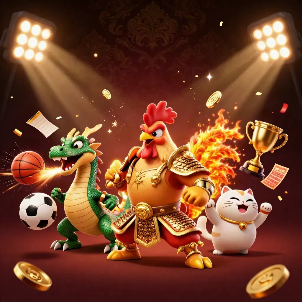 Rooster warrior, dragon hatchling and fortune-cat amid flying balls, coins and casino lights
