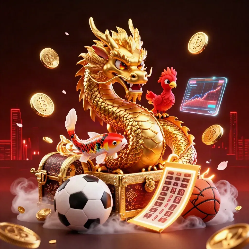 Golden dragon, phoenix, koi and crypto symbols bursting in a dark red neon casino sky.