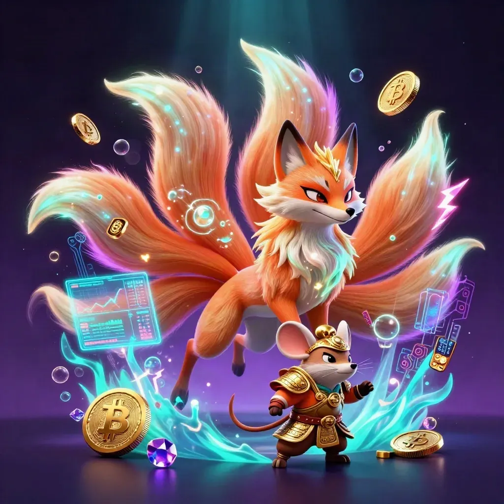 Fox spirit and armored mouse amid neon crypto magic, coins, lightning, and treasure burst.