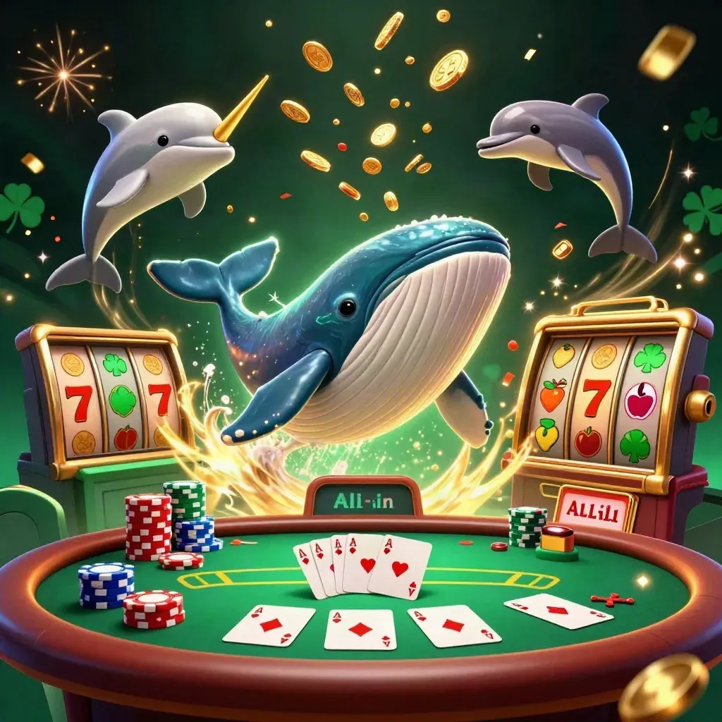 Whale captain, narwhal, and dolphins erupt through coins with casino chips and cards