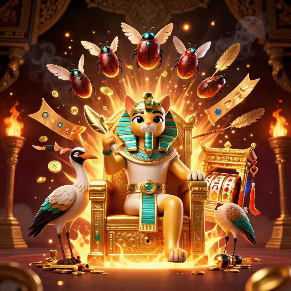 Pharaoh cat, ibis scribe, and gem-wing scarabs amid gold coins, flames, and an ancient temple gate.