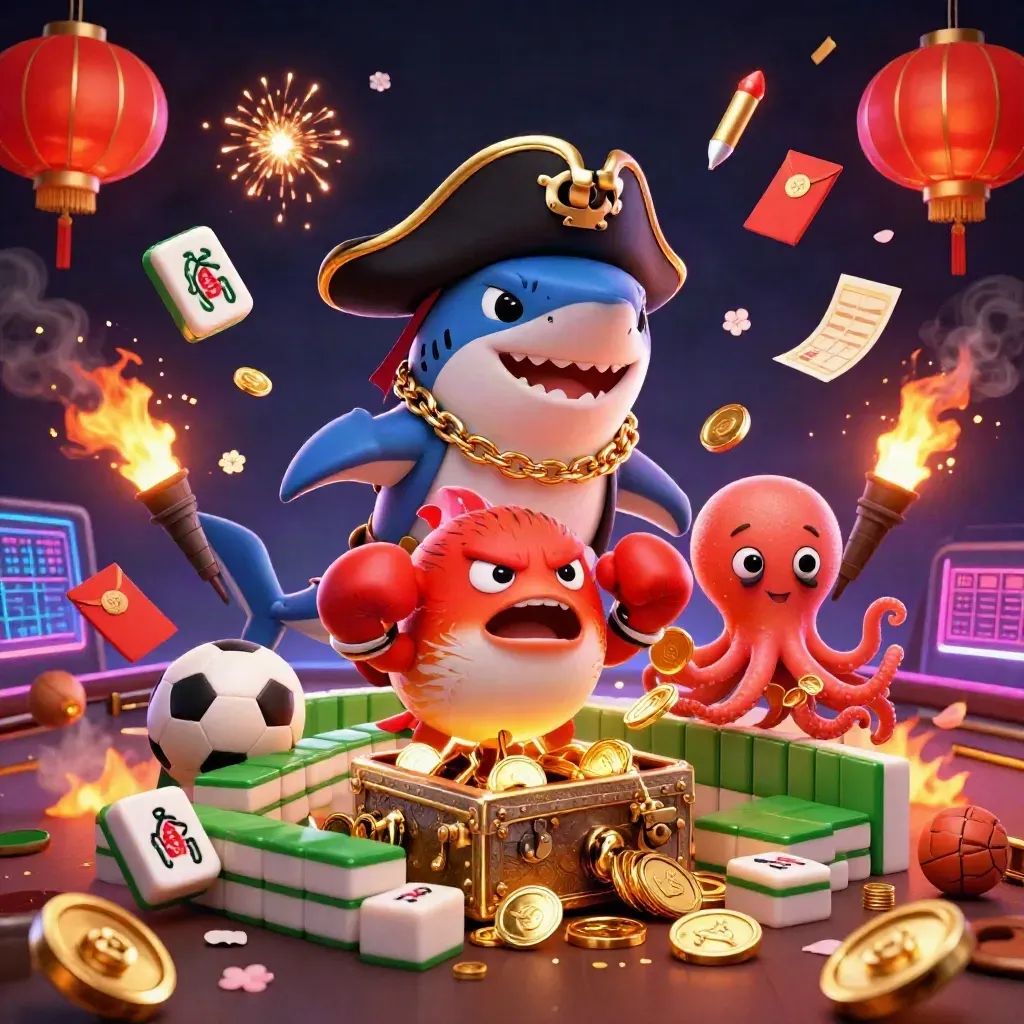Shark captain, pufferfish, and octopus amid coins, fireworks, lanterns, and casino props
