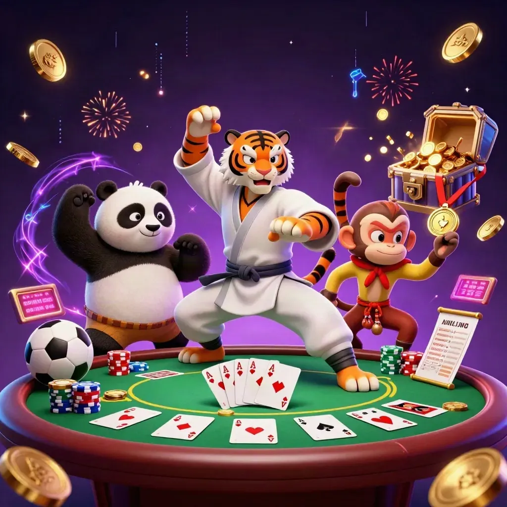 Kung-fu tiger, panda, and monkey amid casino chips, coins, fireworks, and neon energy.